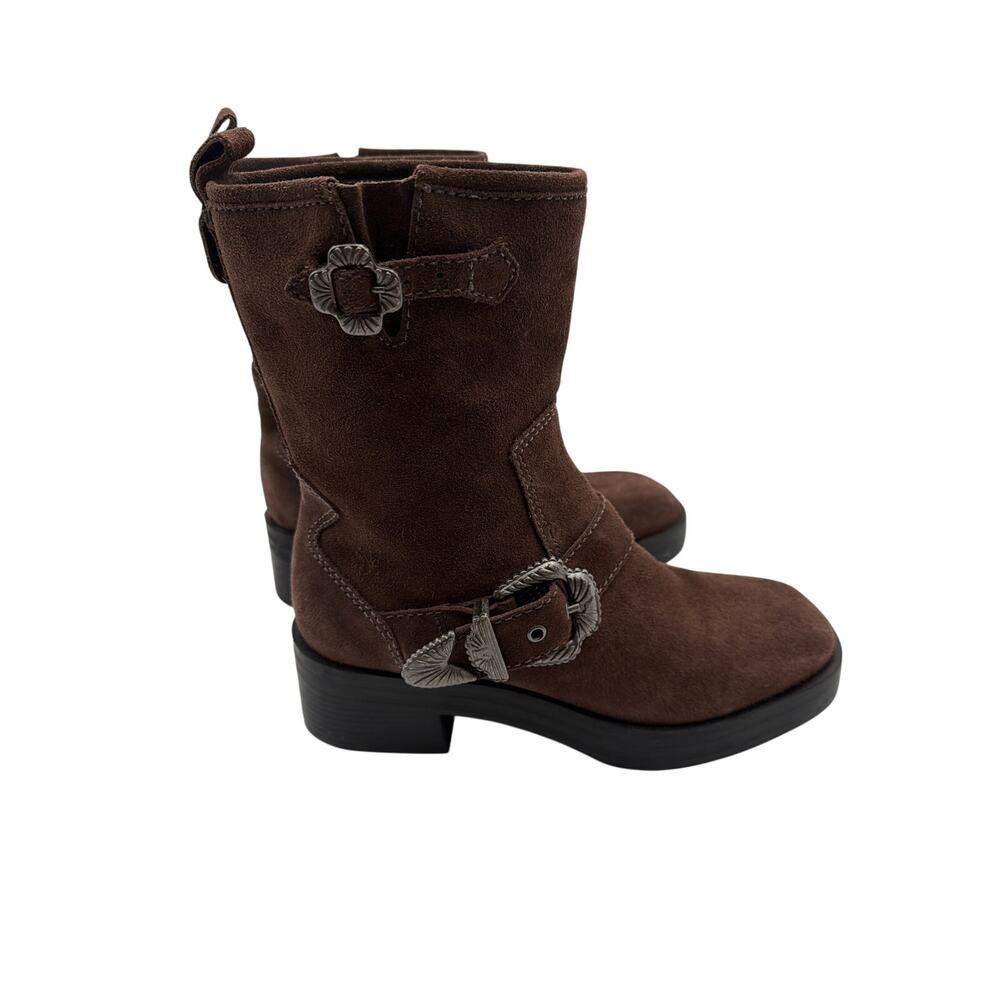 Larroude Hardy Brown Suede Moto Western Buckle Boots Womens 7 Made in Brazil